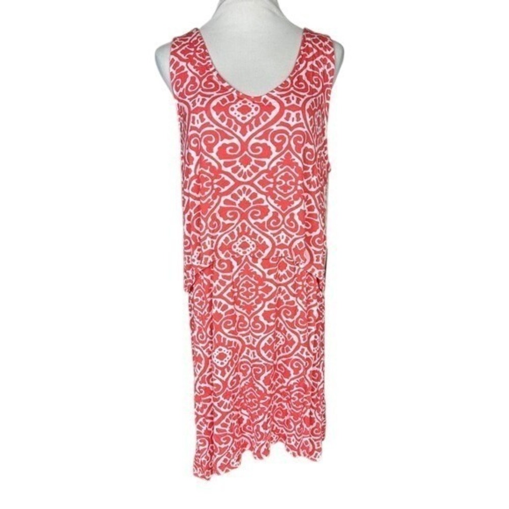 NWT Caribbean Joe Women's‎ XL Hot Coral White Damask Popover Sleeveless Dress